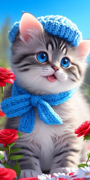 Un gato con una flor azul en la cabeza.