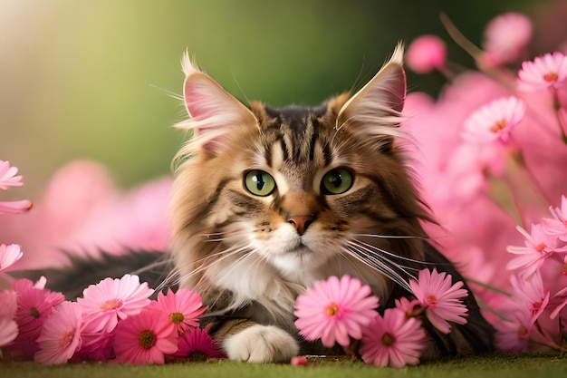 Un gato con flores de fondo.