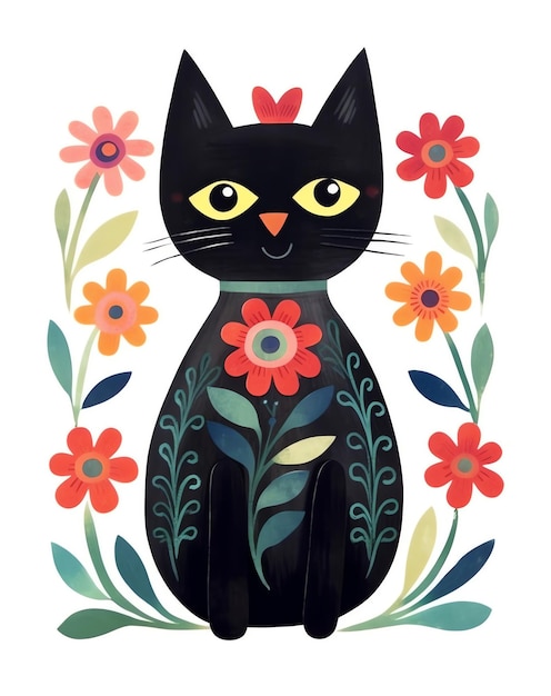 Gato en flores de primavera en un estilo de acuarela con muchos detalles