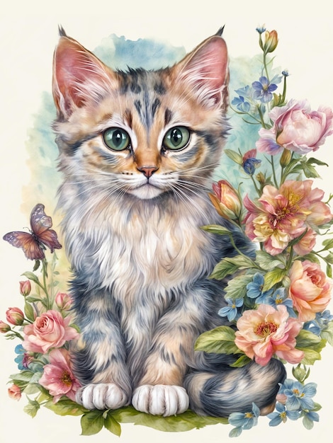 Gato con flores Retrato de un gatito en una decoración floral Gato lindo en una tarjeta