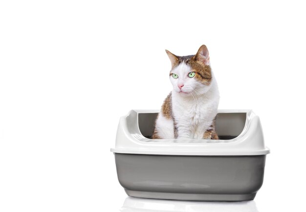 Gato fofinho bonito sentado em uma caixa de areia aberta isolado em fundo branco