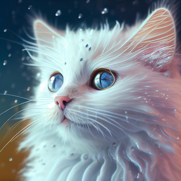 Gato fofo branco realista na neve fundo de inverno IA generativa