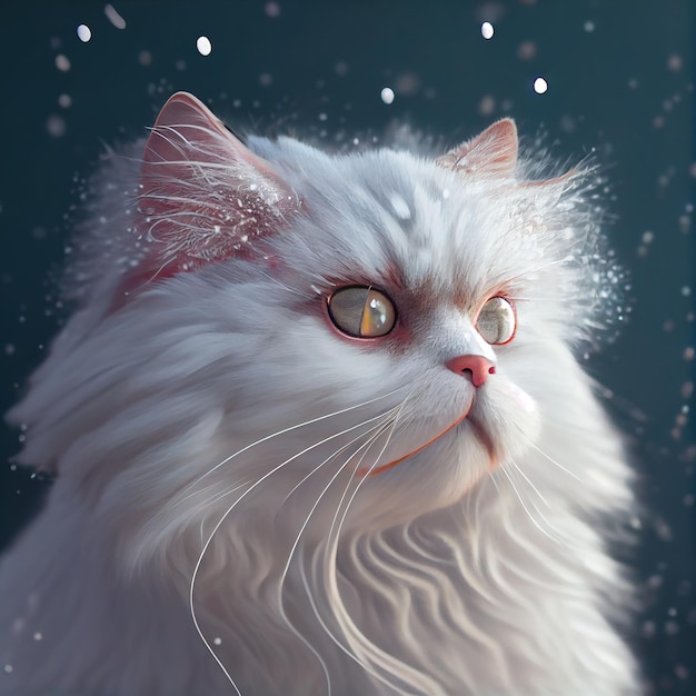 Gato fofo branco realista na neve fundo de inverno IA generativa