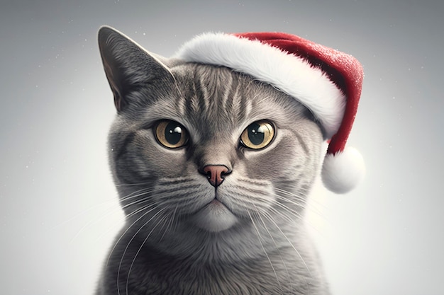 Gato fofo British Shorthair no retrato de Natal com chapéu de Papai Noel