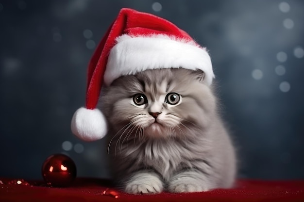 Gato fofo cinza usando um chapéu de Natal em um fundo escuro Generative AI