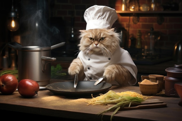 Gato fofo com chapéu de chef está cozinhando