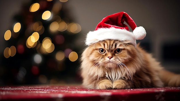 Gato fofo com chapéu vermelho de Papai Noel para celebrações de Natal e Ano Novo