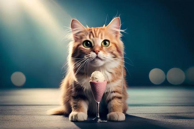Gato fofo com sorvete na renderização de fundo azul