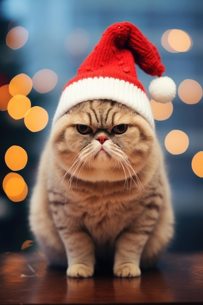 Gato fofo com um chapéu em um fundo de Natal