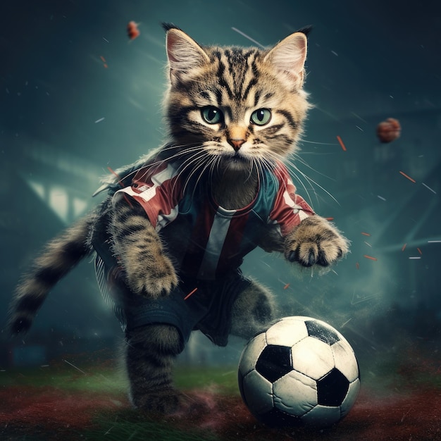 Gato fofo de jogador de futebol perseguindo a bola