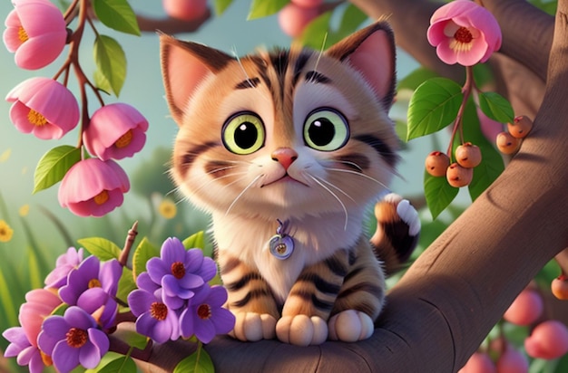 Gato fofo de olhos arregalados com flores e frutas ao redor IA generativa Modelo 3D