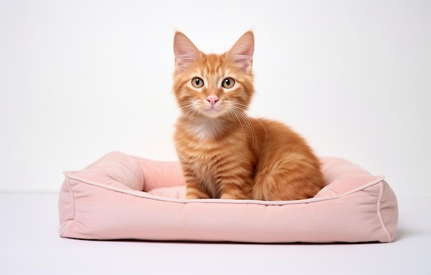 Gato fofo descansando na cama do animal de estimação em fundo branco