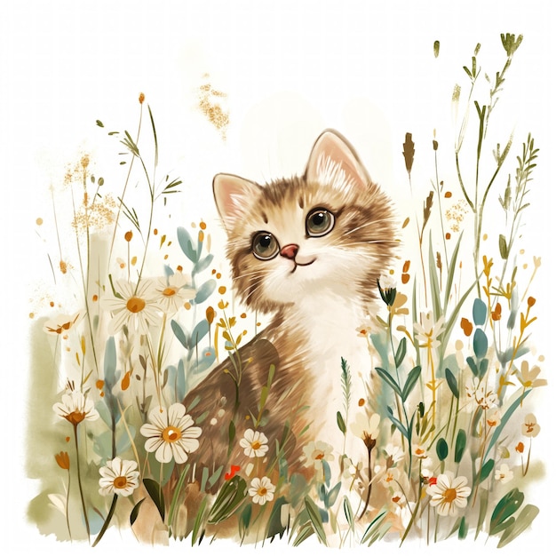 Gato fofo em grama pastel flores aquarela ilustração