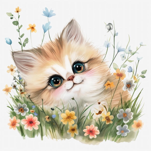 Gato fofo em grama pastel flores aquarela ilustração