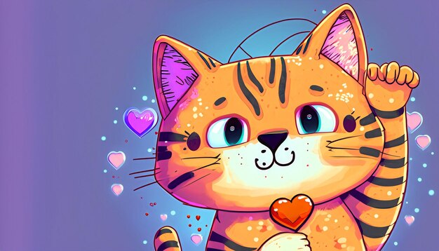 Foto gato fofo espalha amor mão segurando sinal de amor ilustração de desenho animado animal brincalhão conceito de natureza em