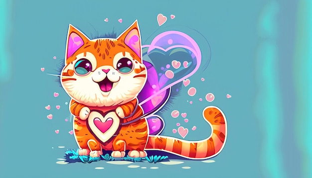 Gato fofo espalha amor mão segurando sinal de amor ilustração de desenho animado animal brincalhão conceito de natureza em