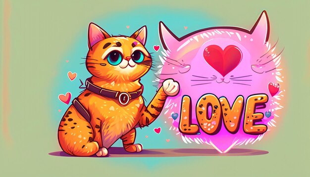 Gato fofo espalha amor mão segurando sinal de amor ilustração de desenho animado animal brincalhão conceito de natureza em