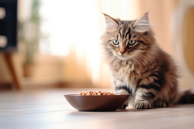 Gato fofo felino fofo comendo de uma tigela