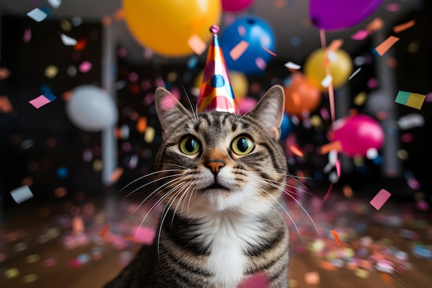 Gato fofo feliz com um chapéu de festa aproveita e comemora um aniversário cercado por confetes e balões caindo Conceito de aniversário de estimação em fundo brilhante