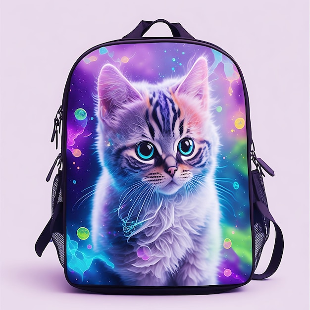 Gato fofo, fofo e vibrante, sentado dentro de uma mochila transparente com fundo branco AI gerado