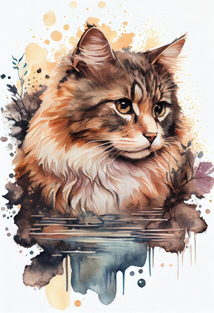 Gato fofo na técnica de aquarela Criado em papel de desenho