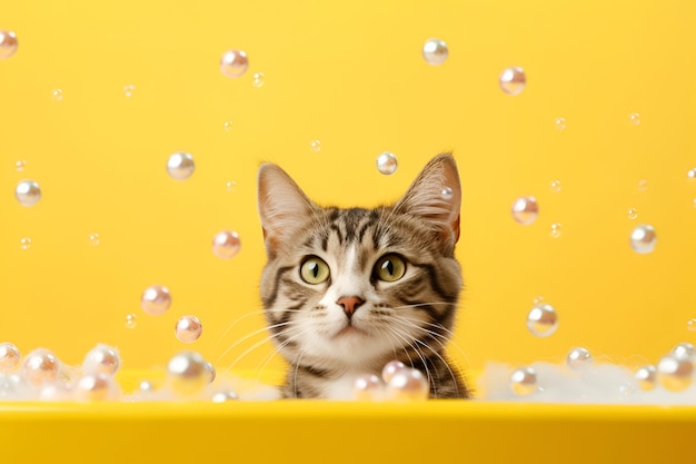 Gato fofo no banho em um fundo amarelo com bolhas de sabão