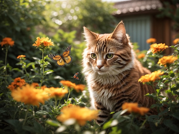 Gato fofo pegando borboleta no jardim ensolarado