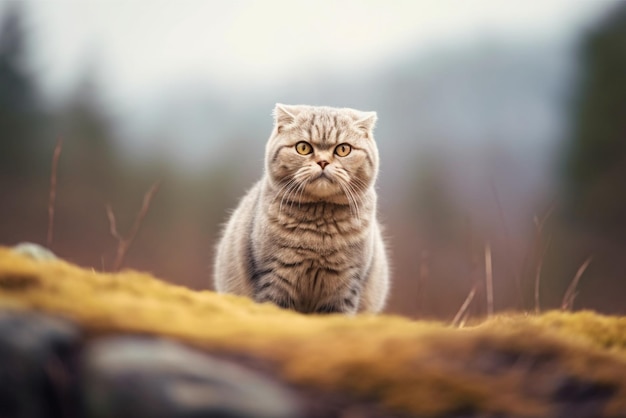 Foto gato fold escocés sentado en una roca en el bosque de otoño