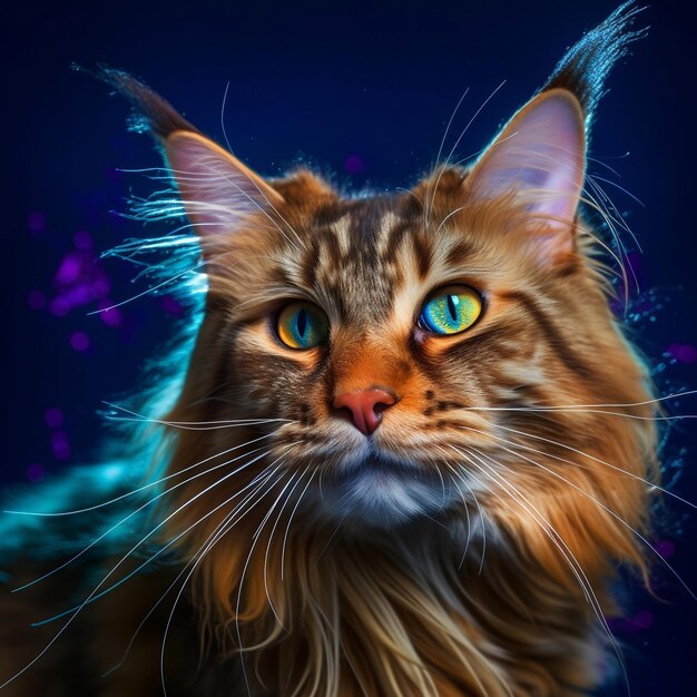 Foto un gato con un fondo azul y púrpura y ojos amarillos.