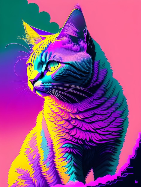 Un gato con un fondo de colores del arco iris.