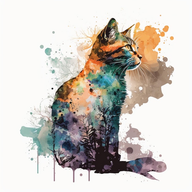 Un gato con un fondo colorido y la palabra gato en él.