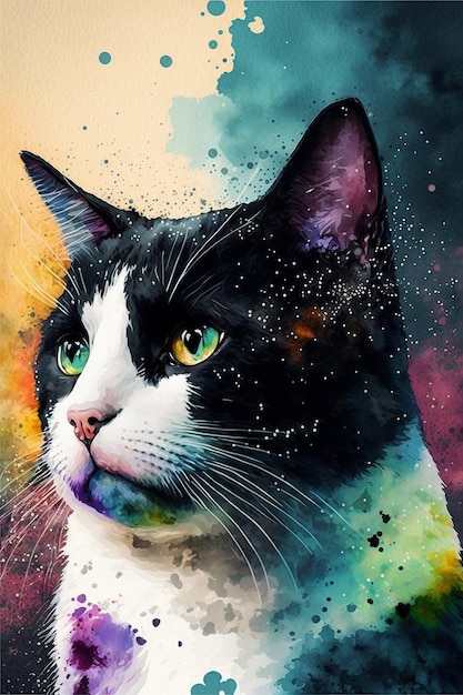 Un gato con un fondo colorido.