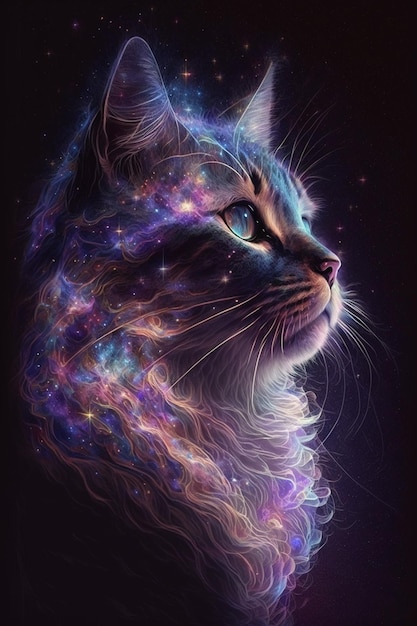 Un gato con fondo de galaxia.