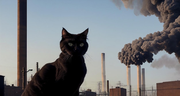 Gato en el fondo de la industria contaminante Gato pobre caminando con aire envenenado IA generativa