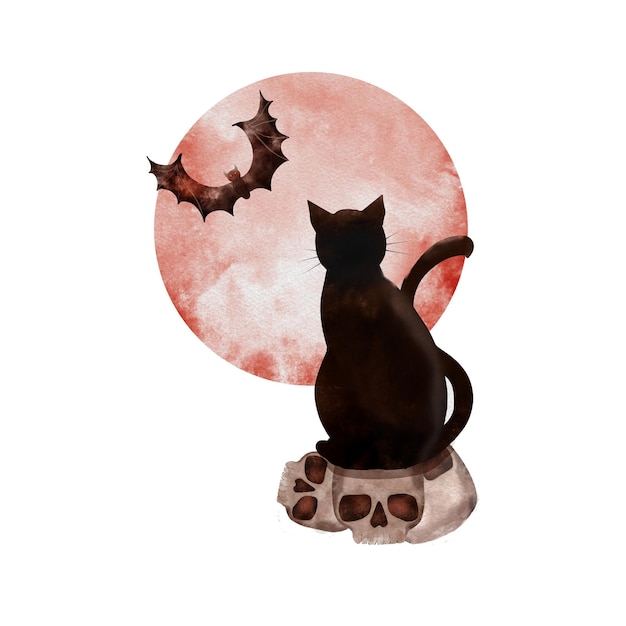 Gato en el fondo de la luna Ilustración acuarela sobre un fondo blanco aislado