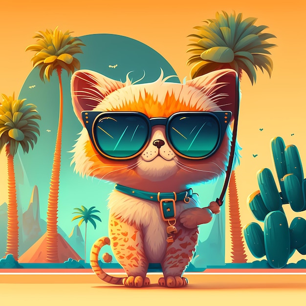 gato de fondo de verano con gafas de sol con playa y palmeras