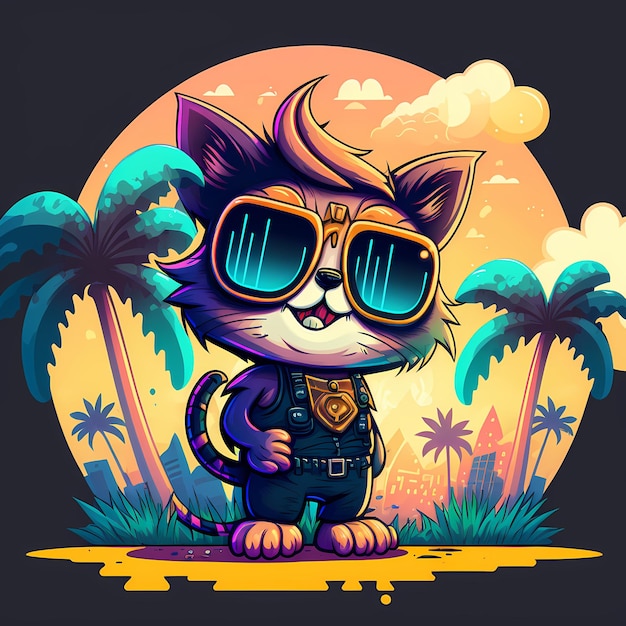 gato de fondo de verano con gafas de sol con playa y palmeras