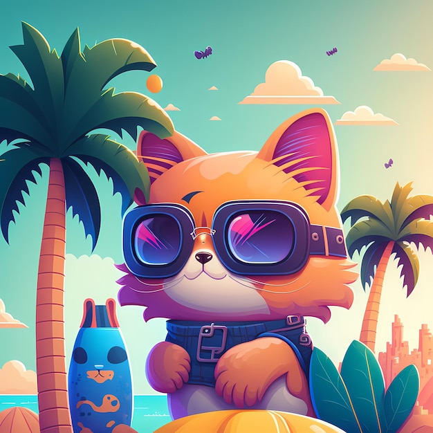 gato de fondo de verano con gafas de sol con playa y palmeras
