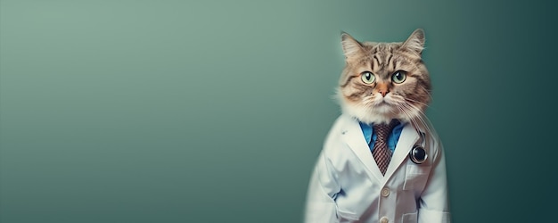 Gato con fonendoscopio aislado sobre fondo verde degradado Concepto de médico de gato Borde de profesión y banner para diseño generado por IA