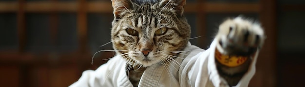 Un gato formidable concentrado y listo en un uniforme de karate