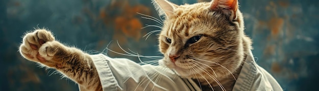 Un gato formidable concentrado y listo en un uniforme de karate