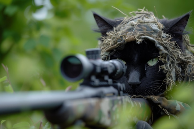 Foto gato francotirador en camuflaje