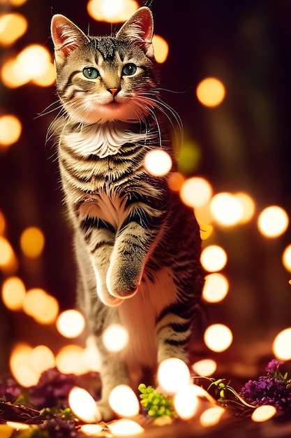 Un gato frente a las luces navideñas