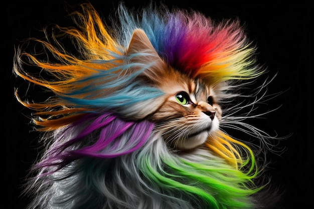 Gato fresco y colorido Colores del arco iris Concepto de inclusión de tolerancia a la diversidad Diferente y único para ser Gatito de moda IA generativa