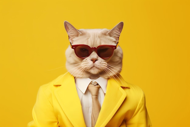 Gato fresco de moda con cuerpo humano en fondo amarillo