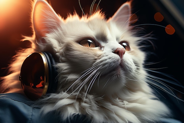 Gato fresco vibra Gato blanco con gafas de sol escuchando música