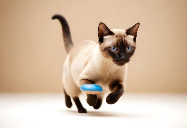 un gato con un frisbee azul en su boca