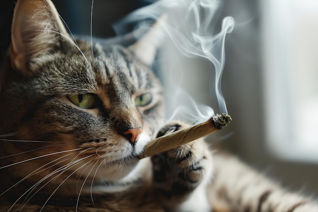 Foto el gato fuma un porro de marihuana con cannabis mientras se relaja en casa en el alféizar de la ventana