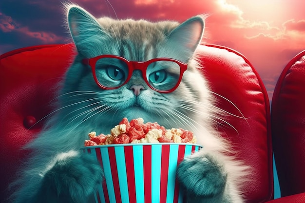 Gato con gafas 3D viendo películas y sosteniendo palomitas de maíz