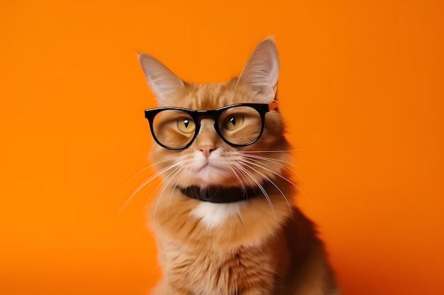 Un gato con gafas y anteojos con montura negra se sienta sobre un fondo naranja.